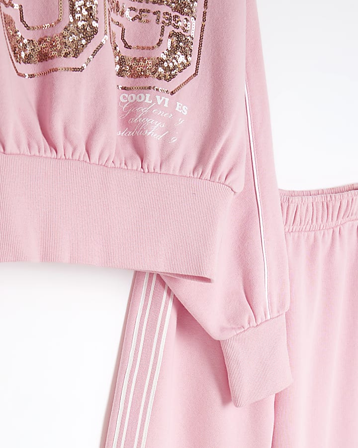 Girls Pink Sequin Taped Sweatshirt Set