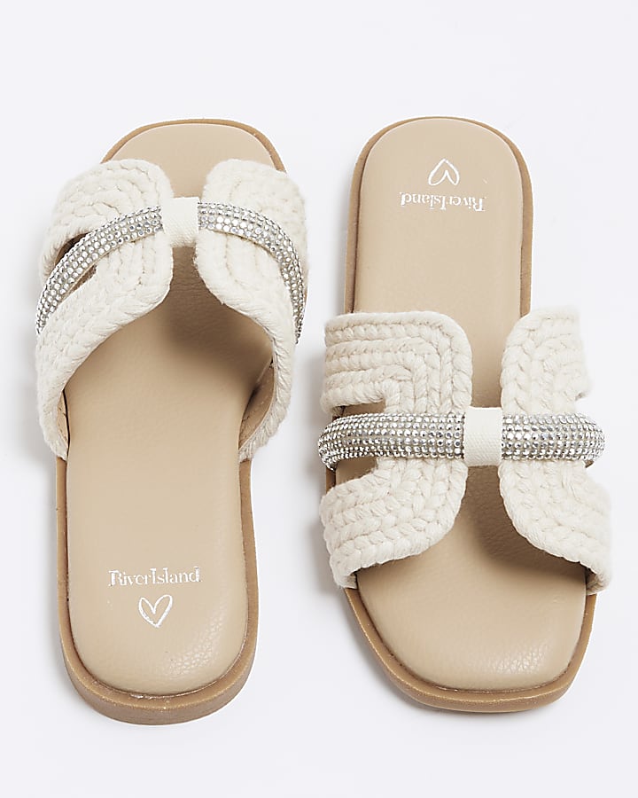 Girls Cream Raffia Diamante Sandals