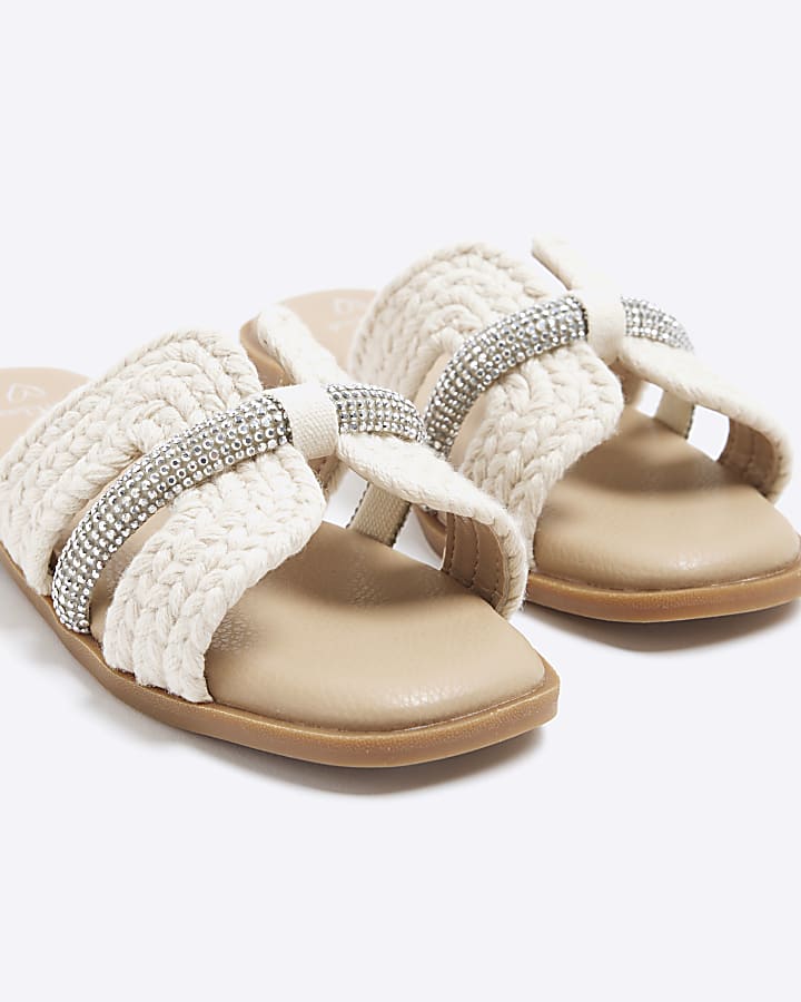 Girls Cream Raffia Diamante Sandals