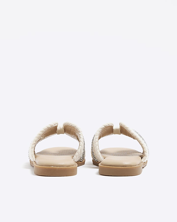 Girls Cream Raffia Diamante Sandals