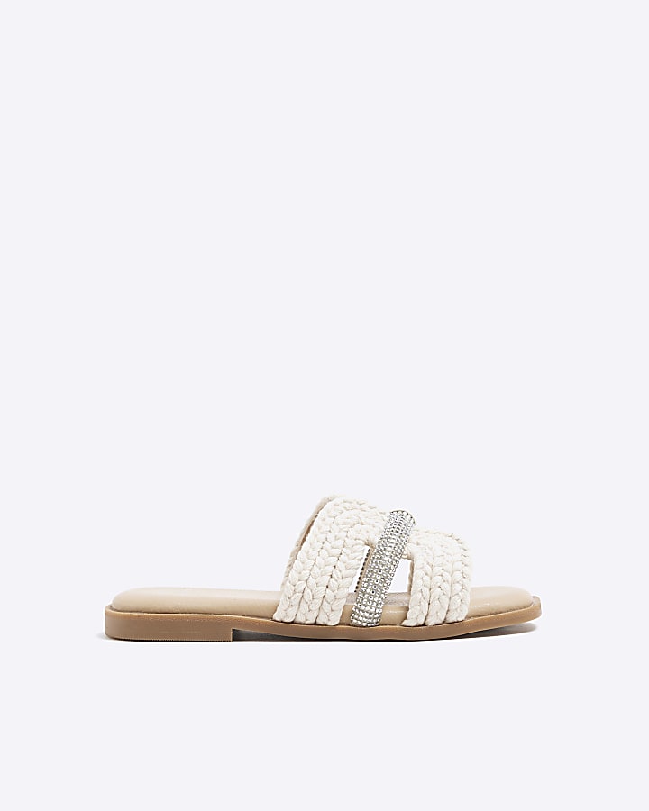 Girls Cream Raffia Diamante Sandals