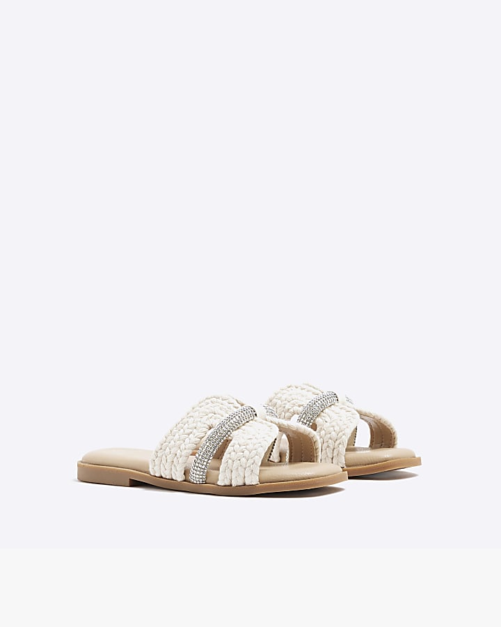 Girls Cream Raffia Diamante Sandals