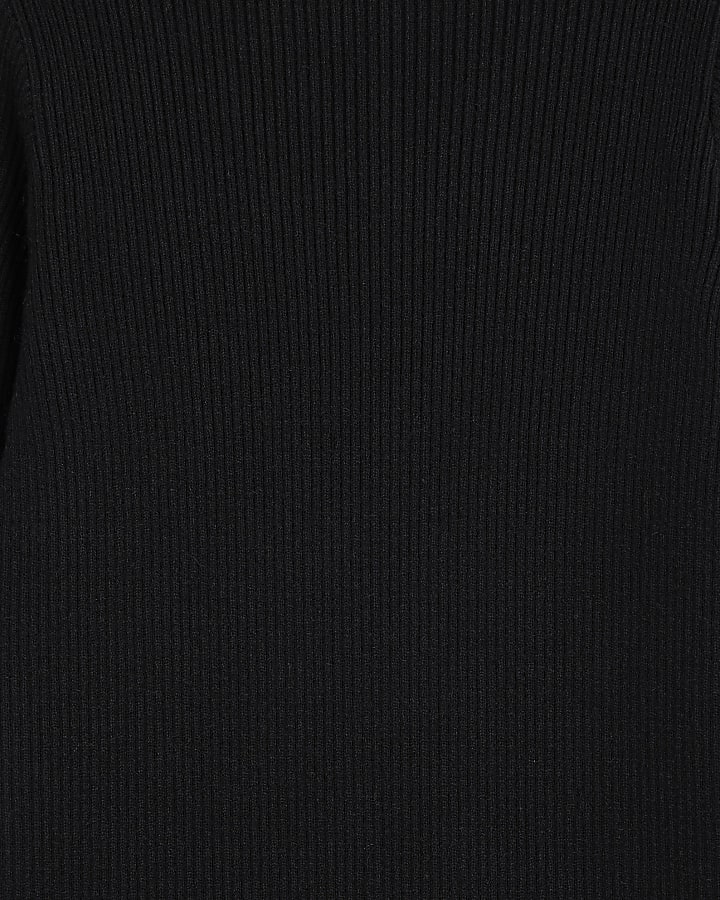 Girls Black Ribbed Knit Feather Jumper Dress