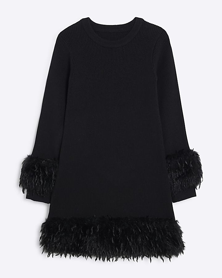 Girls Black Ribbed Knit Feather Jumper Dress