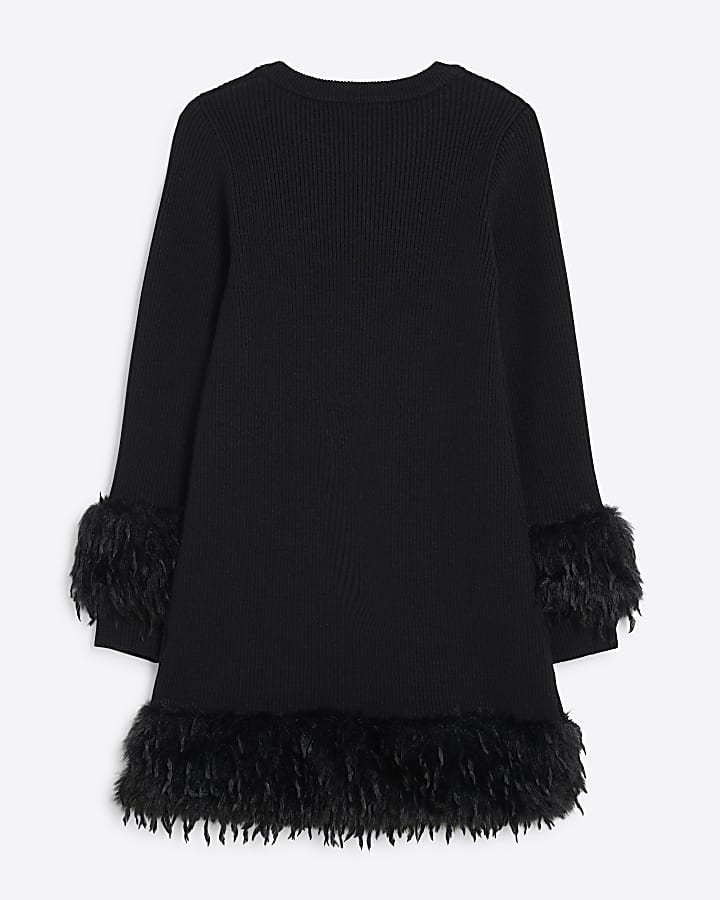 Girls Black Ribbed Knit Feather Jumper Dress