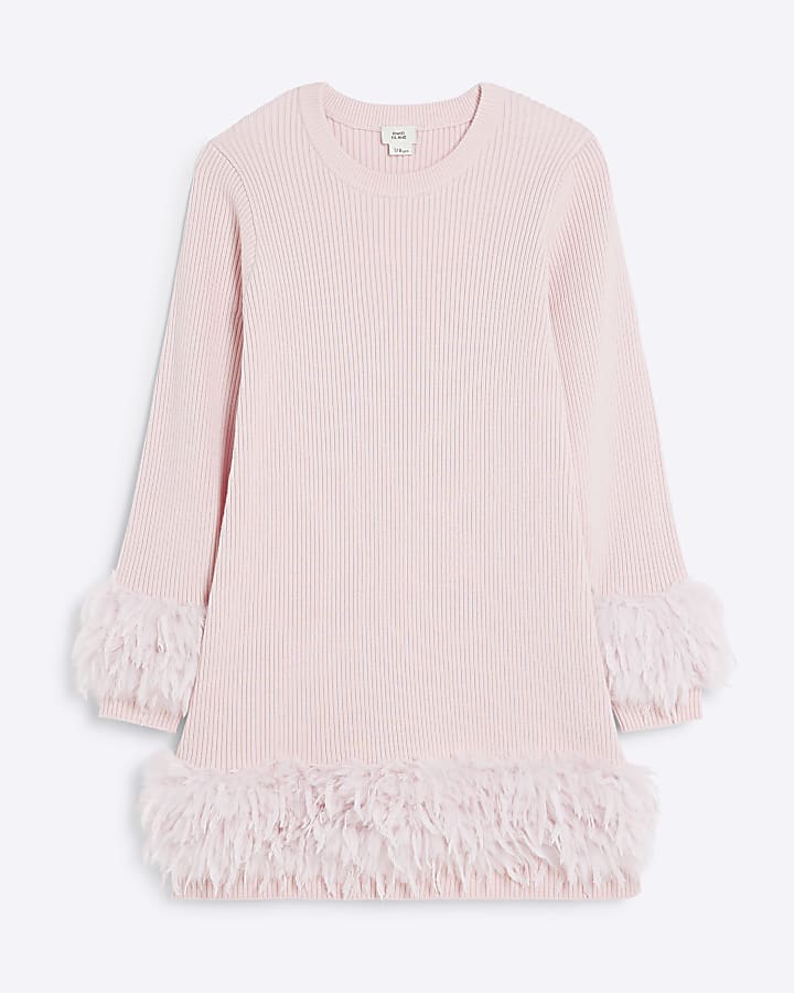 Girls Pink Ribbed Knit Feather Jumper Dress