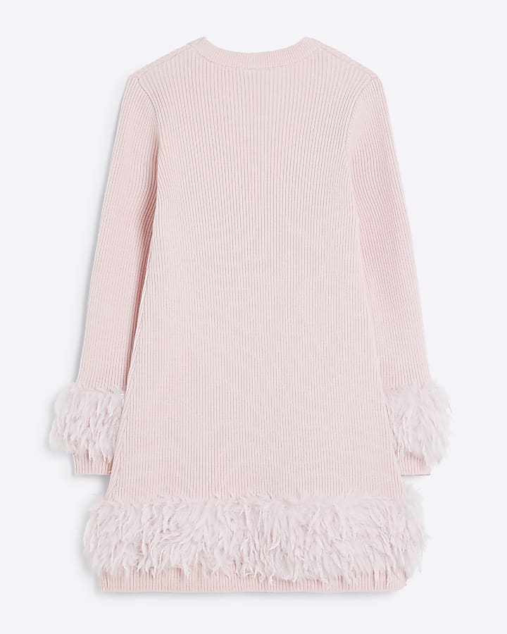 Girls Pink Ribbed Knit Feather Jumper Dress