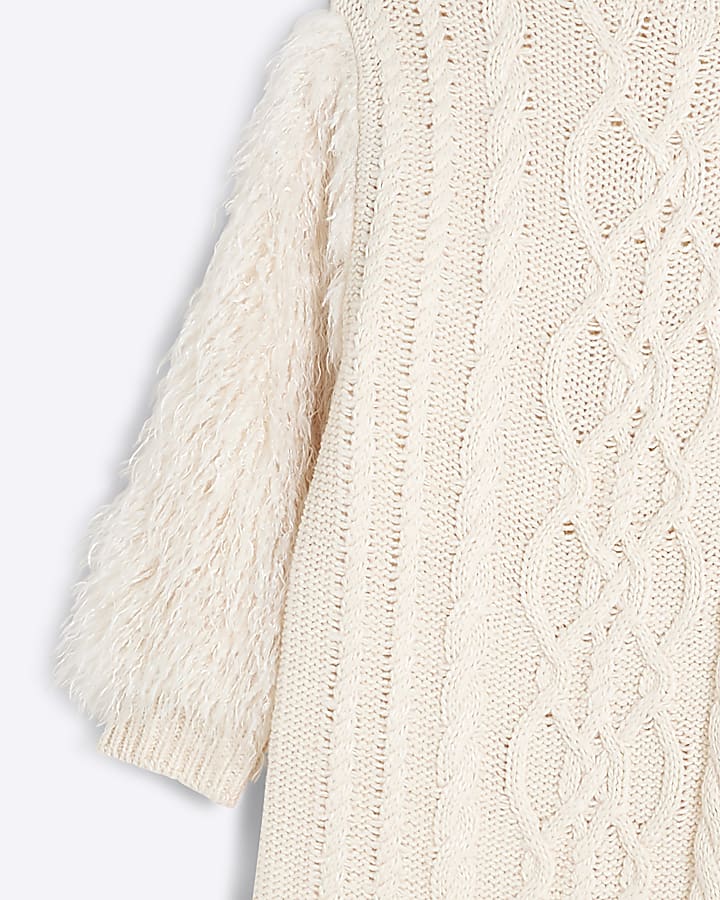 Girls Cream Faux Feather Fringe Jumper Dress