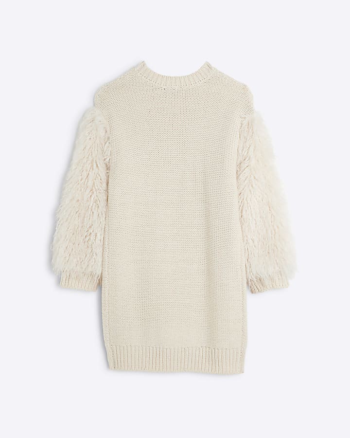Girls Cream Faux Feather Fringe Jumper Dress