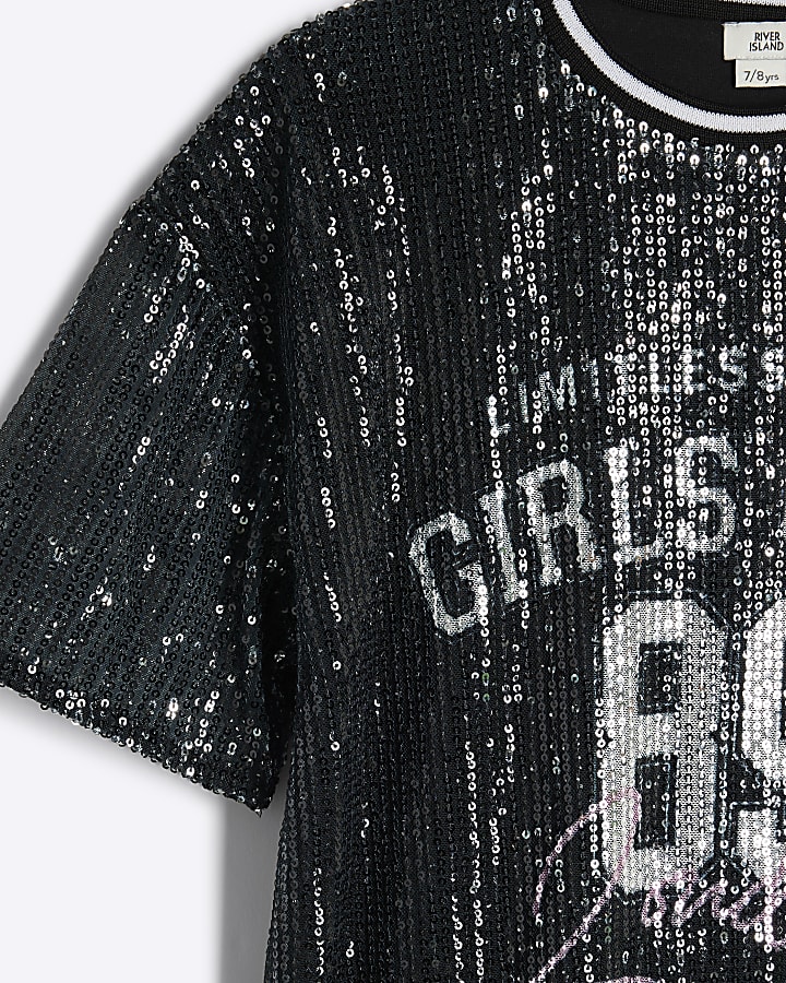 Girls Black Oversized Graphic Sequin T-Shirt