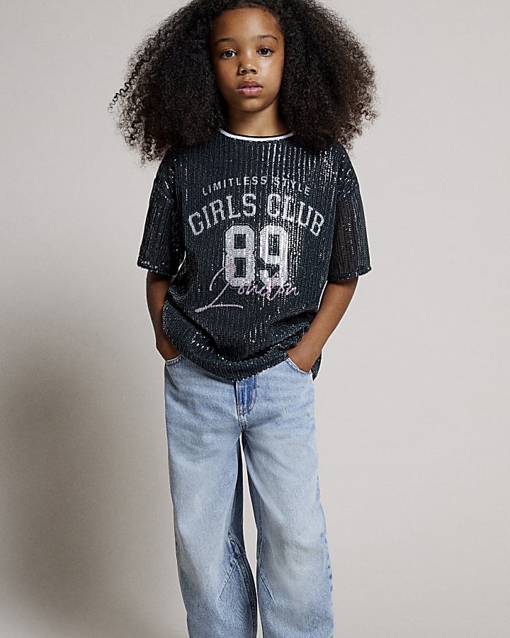 Girls Black Oversized Graphic Sequin T-Shirt