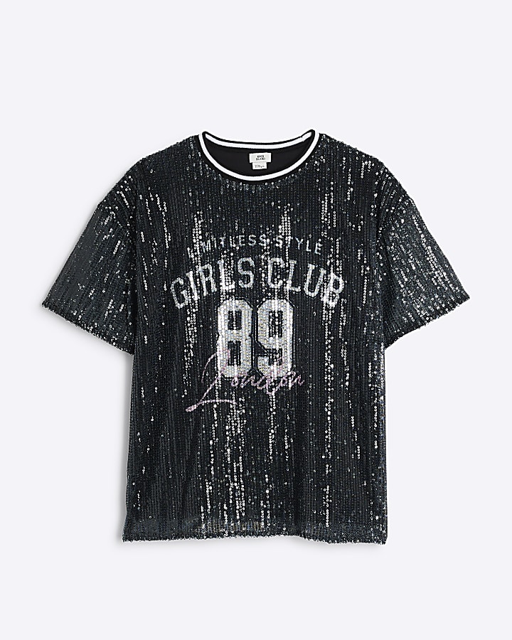 Girls Black Oversized Graphic Sequin T-Shirt