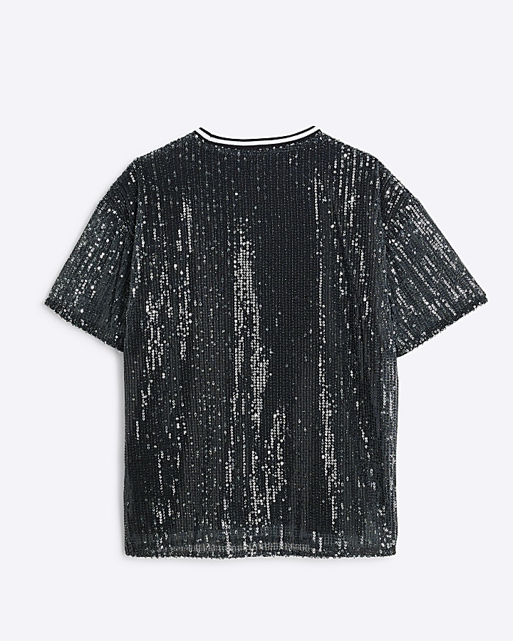 Girls Black Oversized Graphic Sequin T-Shirt