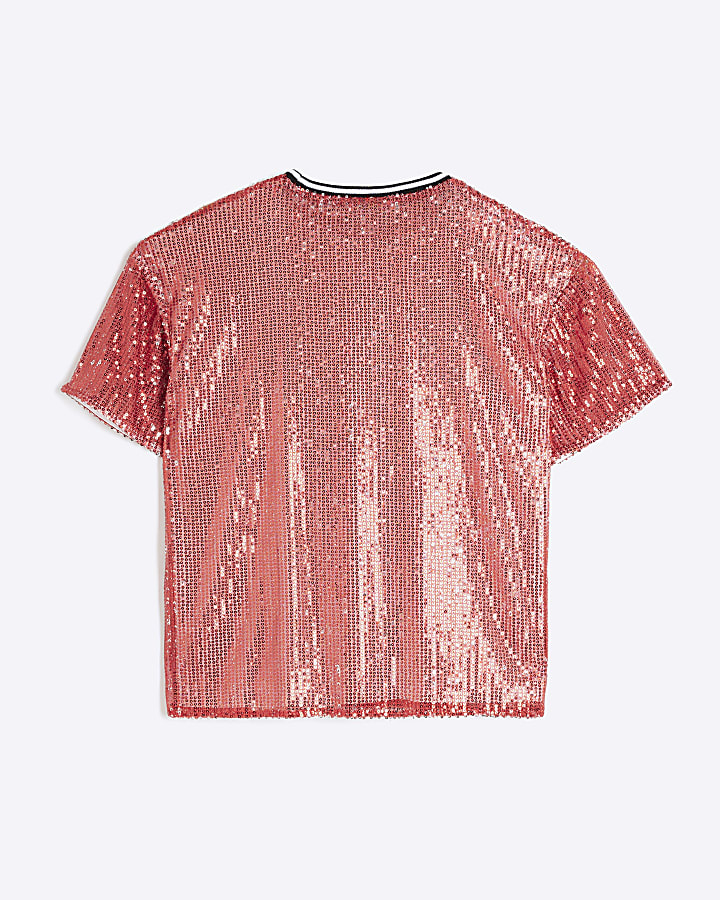 Girls Red Oversized Sequin T-shirt