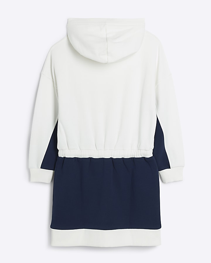 Girls Cream Colour Block Hooded Jumper Dress