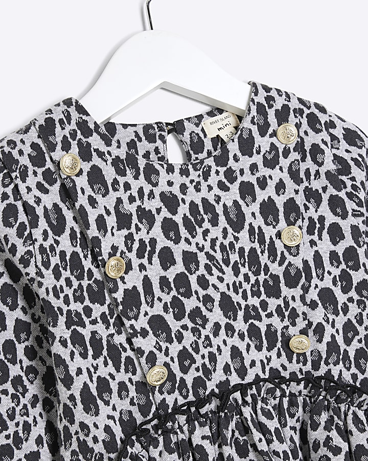 Mini Girls Grey Leopard Smock Dress