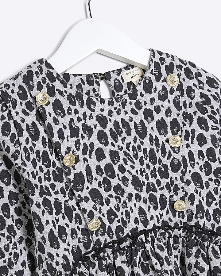 Mini Girls Grey Leopard Smock Dress