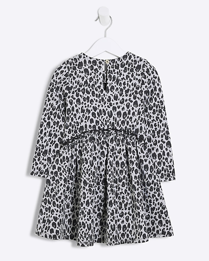 Mini Girls Grey Leopard Smock Dress