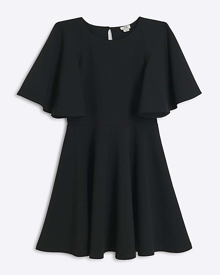 Girls black cape sleeve skater dress River Island