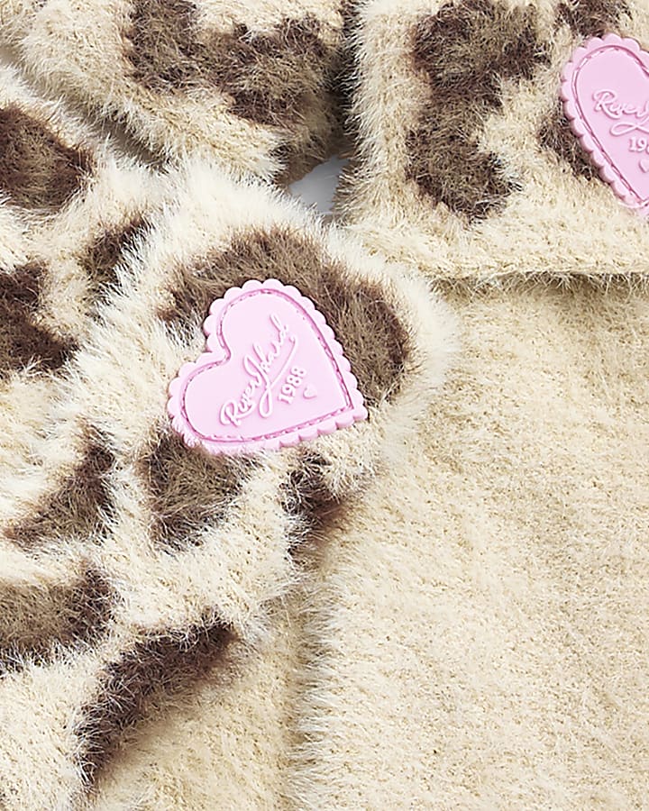 Girls Beige Leopard Beanie Hat and Gloves Set