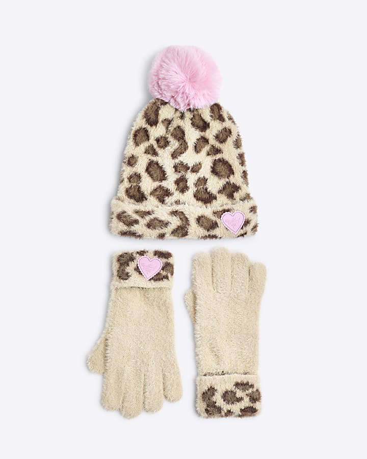 Girls Beige Leopard Beanie Hat and Gloves Set