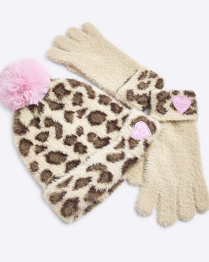 Girls Beige Leopard Beanie Hat and Gloves Set