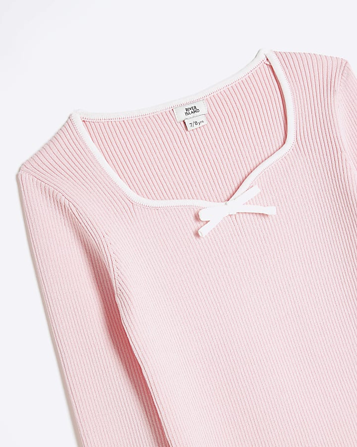 Girls Pink Bow Tipped Long Sleeve Rib Top