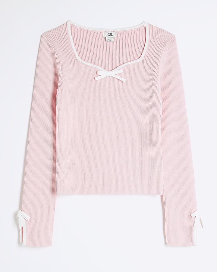 Girls Pink Bow Tipped Long Sleeve Rib Top