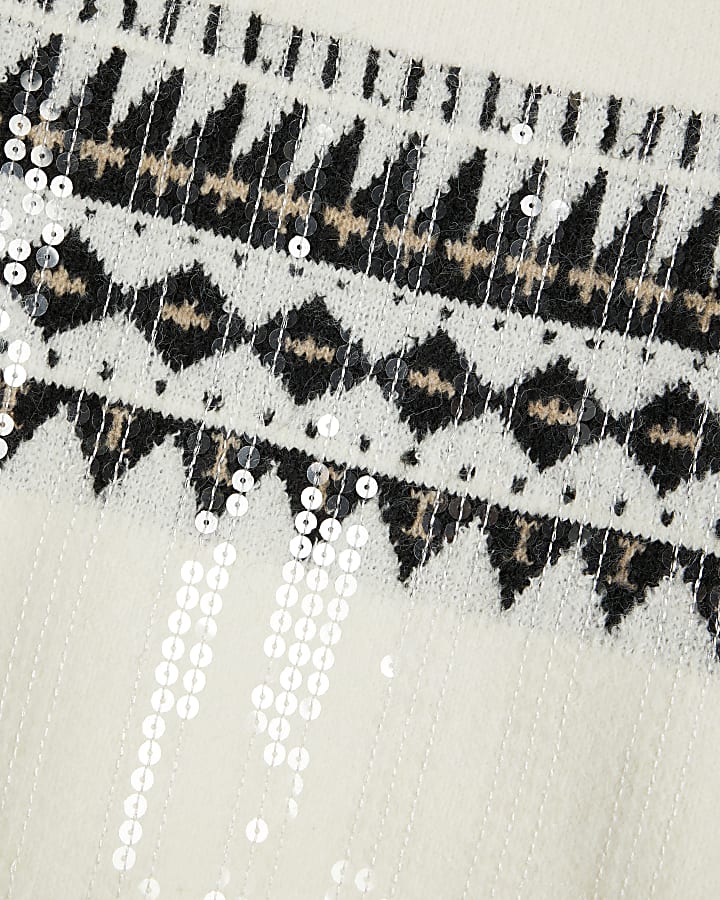 Girls Cream Sequin Fair isle Skirt Set