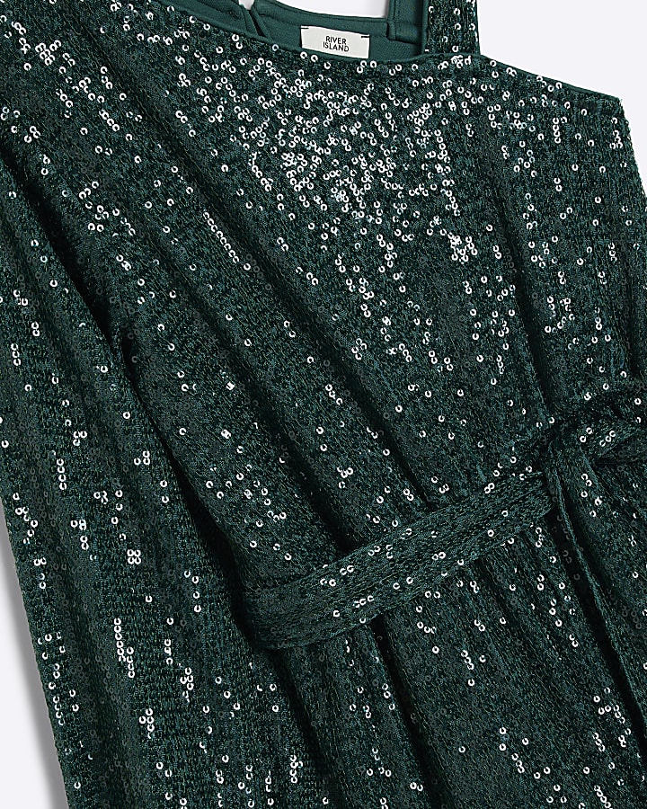 Girls Green Sequin One Shoulder Playsuit