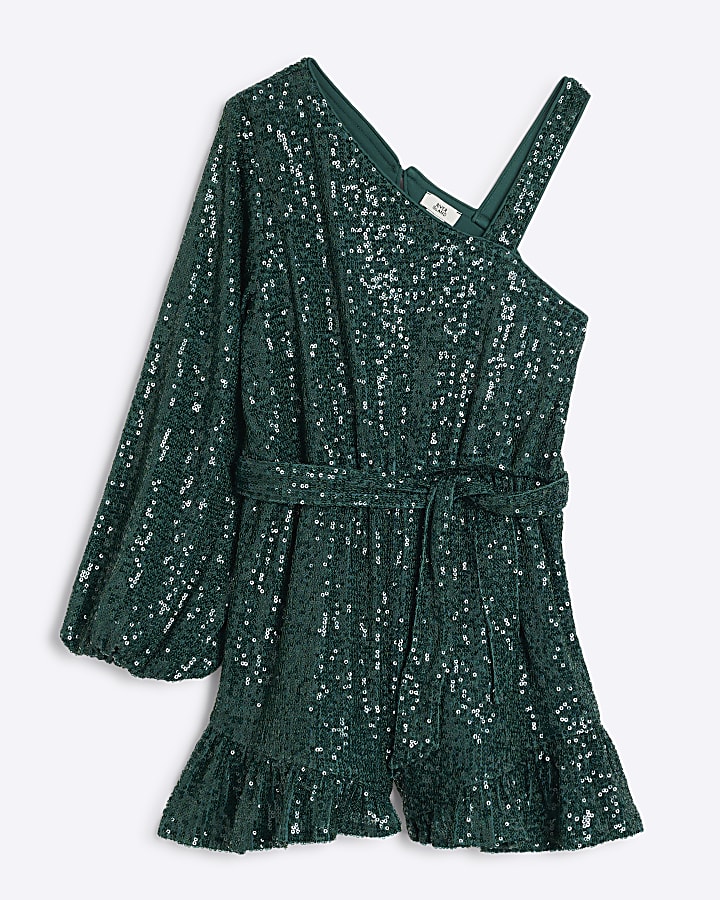 Girls Green Sequin One Shoulder Playsuit