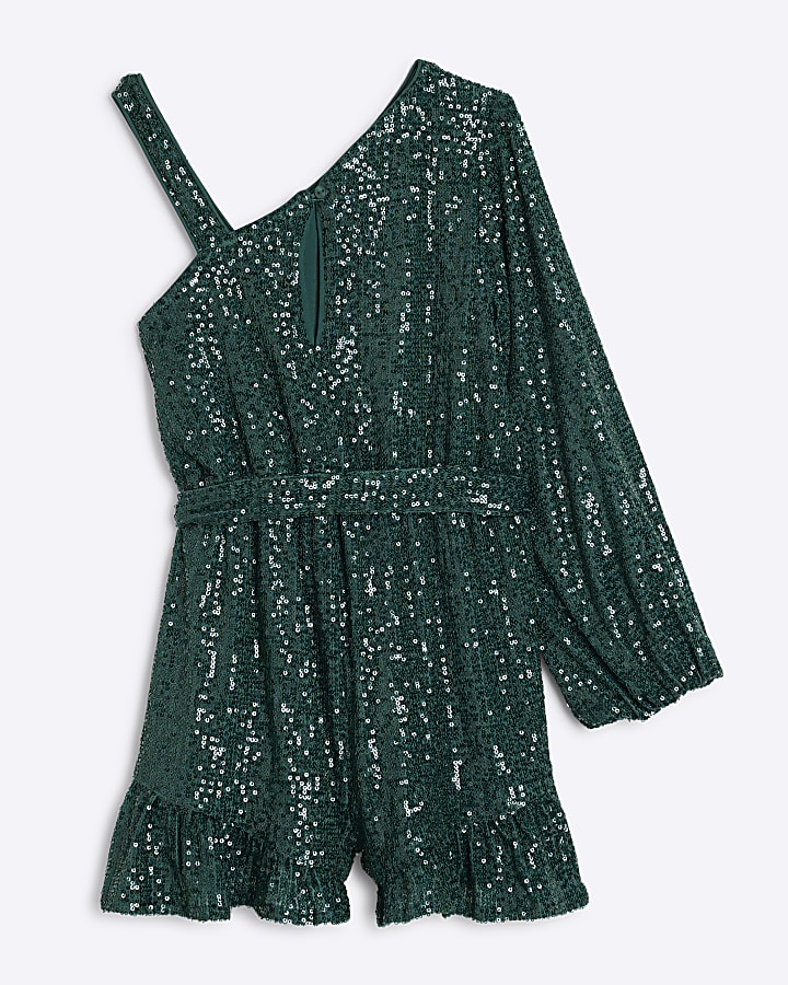 Girls Green Sequin One Shoulder Playsuit