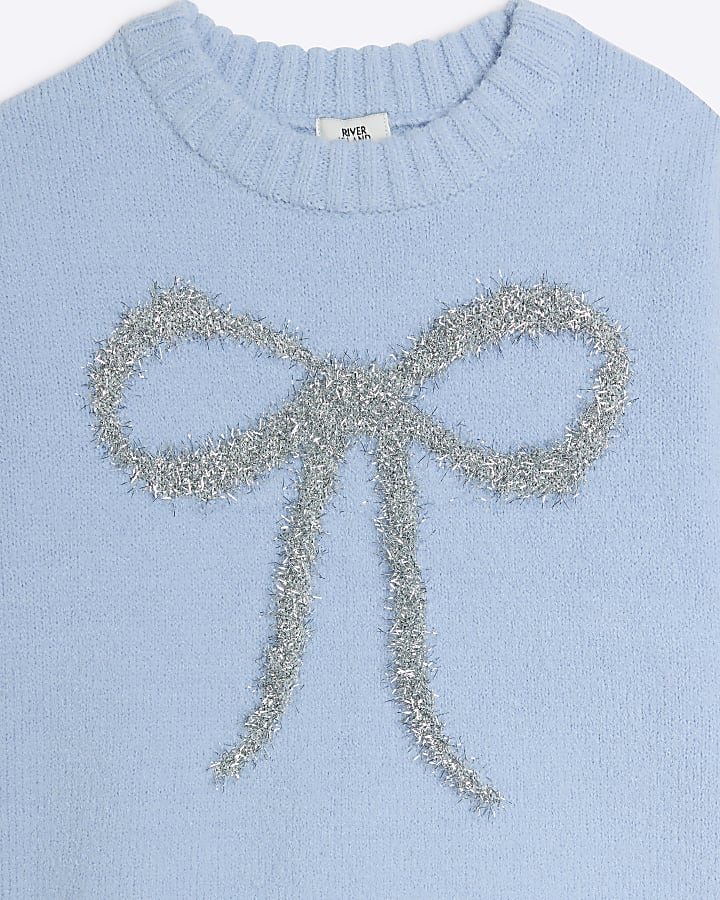 Girls Blue Tinsel Bow Jumper