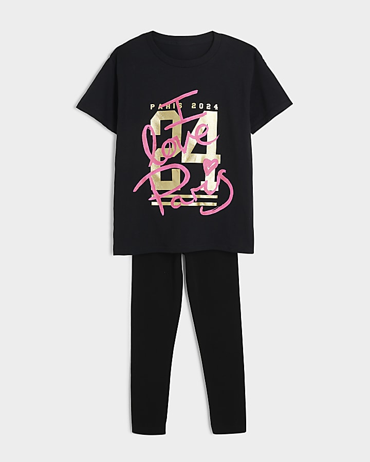 Girls black graffiti t-shirt and leggings set