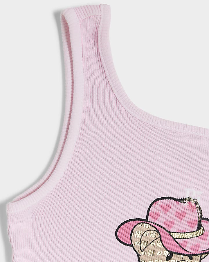 Girls pink ribbed bear vest top