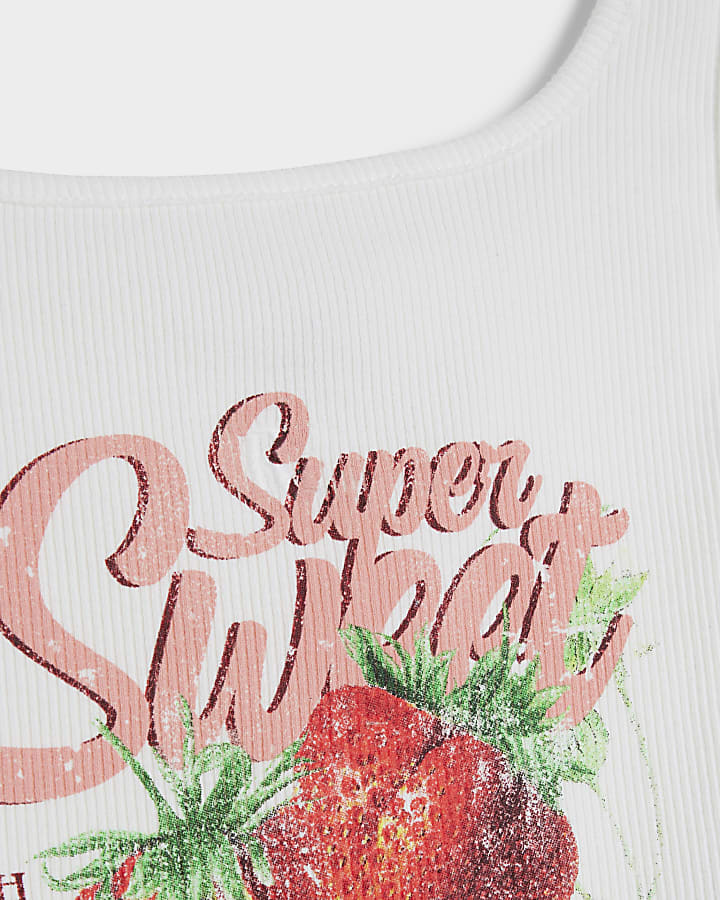 Girls white strawberry graphic tank top