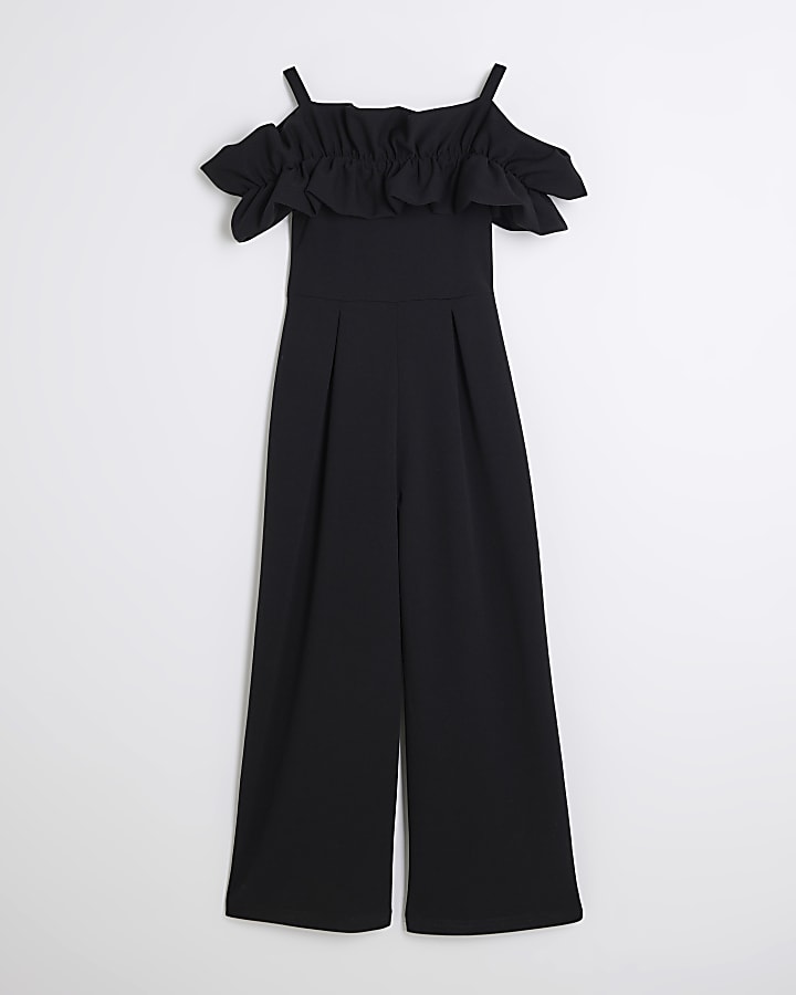 Girls Black Scuba Ruffle Jumpsuit