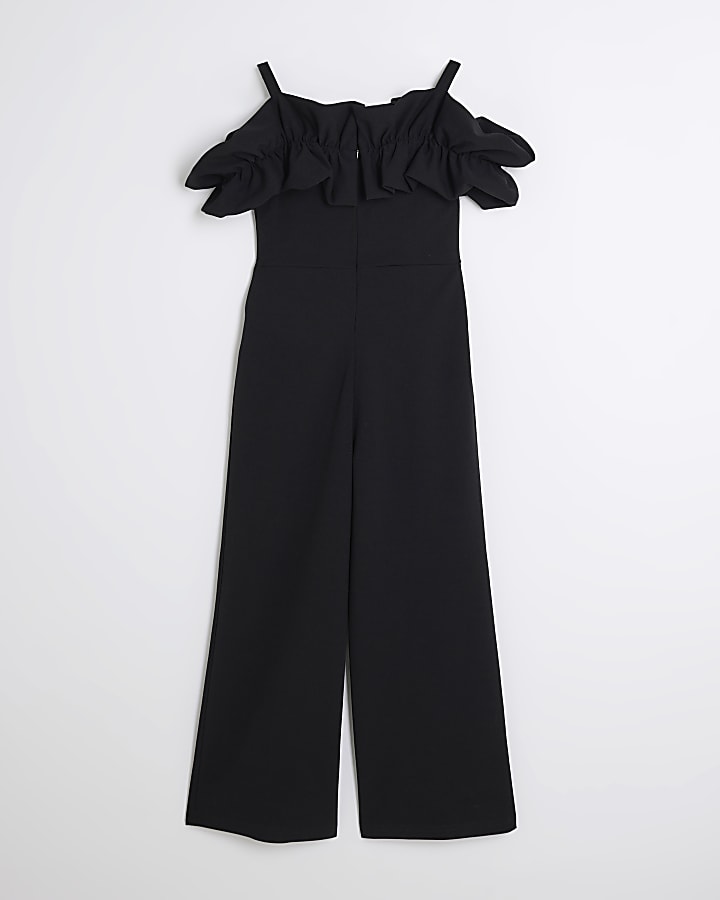 Girls Black Scuba Ruffle Jumpsuit