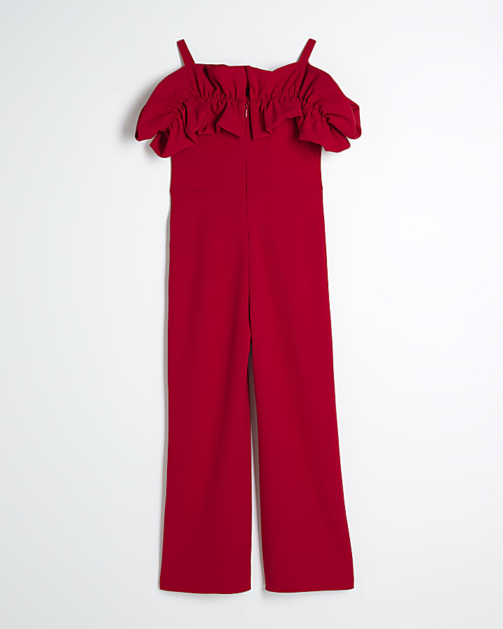 Girls Red Scuba Ruffle Jumpsuit