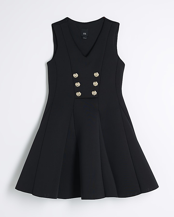 Girls Black Scuba Military Skater Dress