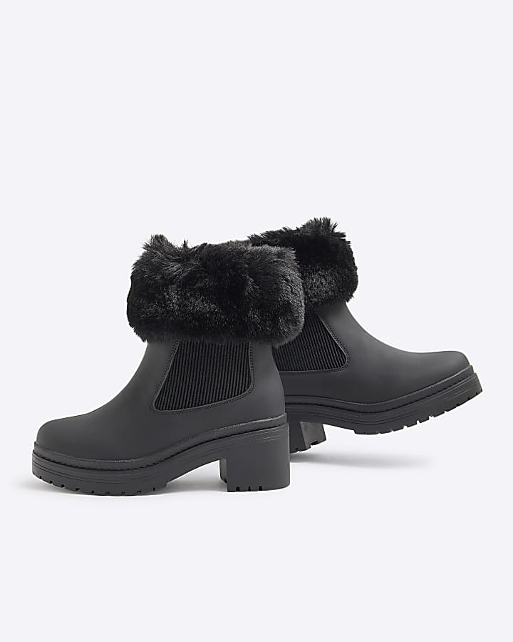 Girls Black Fur Cuff Heel Boots