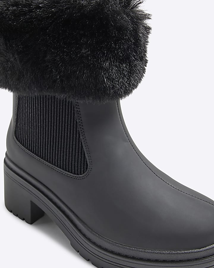 Girls Black Fur Cuff Heel Boots