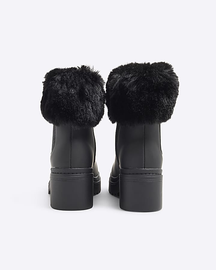 Girls Black Fur Cuff Heel Boots