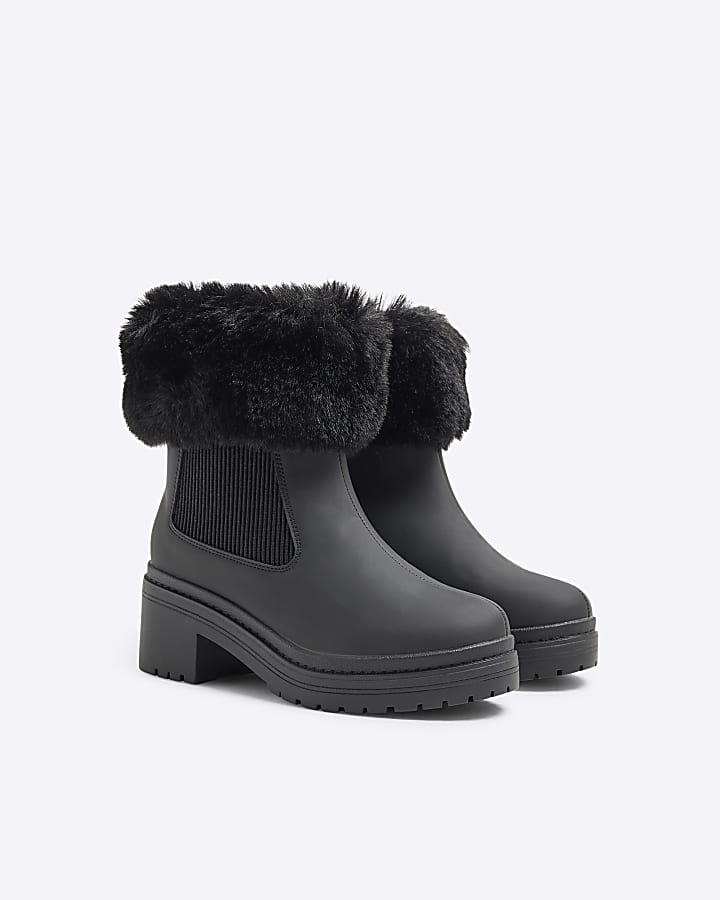 Girls Black Fur Cuff Heel Boots