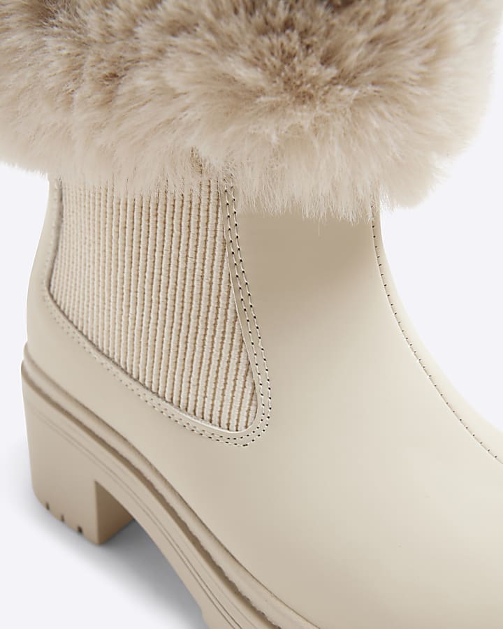 Girls Cream Fur Cuff Heel Boots