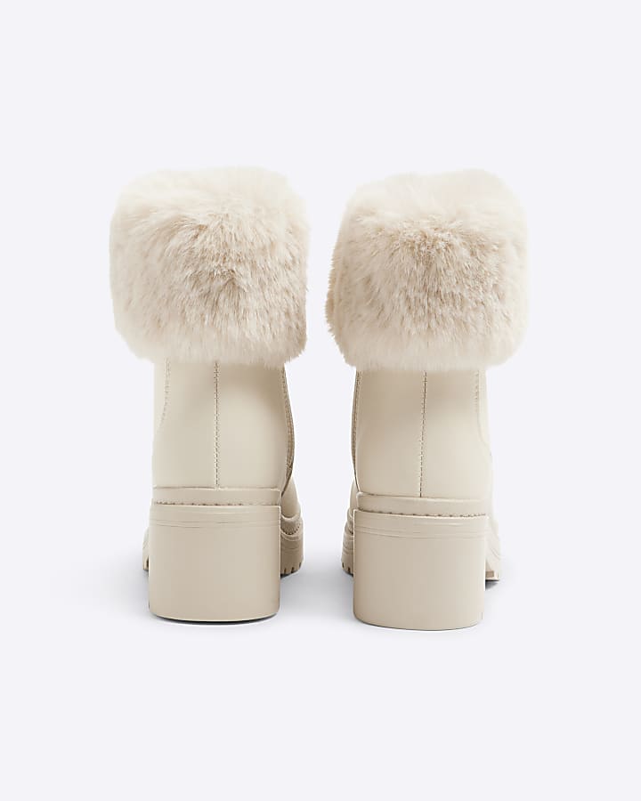 Girls Cream Fur Cuff Heel Boots