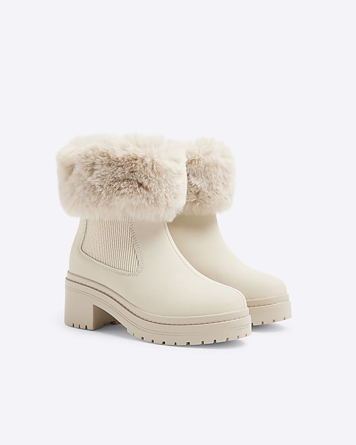 Girls Cream Fur Cuff Heel Boots