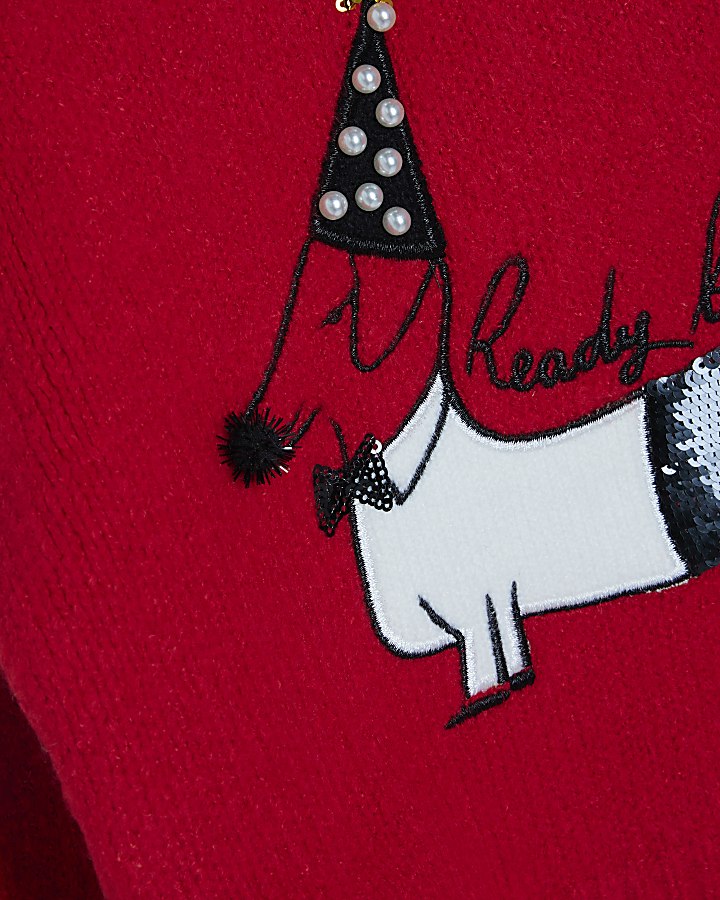 Mini Girls Red Sausage Dog Christmas Jumper