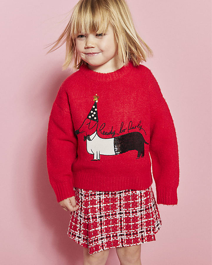 Mini Girls Red Sausage Dog Christmas Jumper