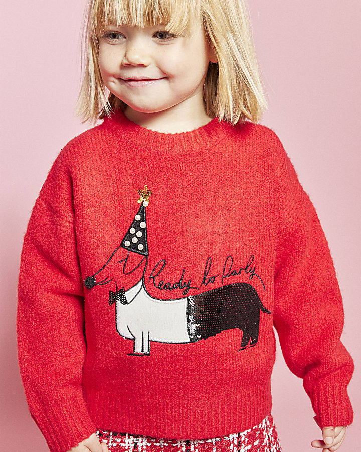 Mini Girls Red Sausage Dog Christmas Jumper